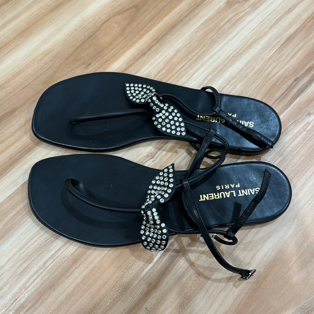 YSL JEWELED BOW BLACK LEATHER SANDALS — SIZE 36